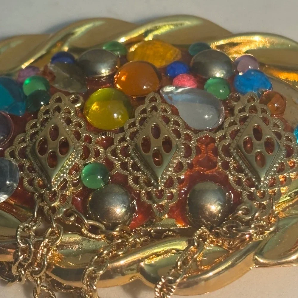 Vintage Belt Buckle Womens Multi-Color Cabochon Filigree Chain Ornate
